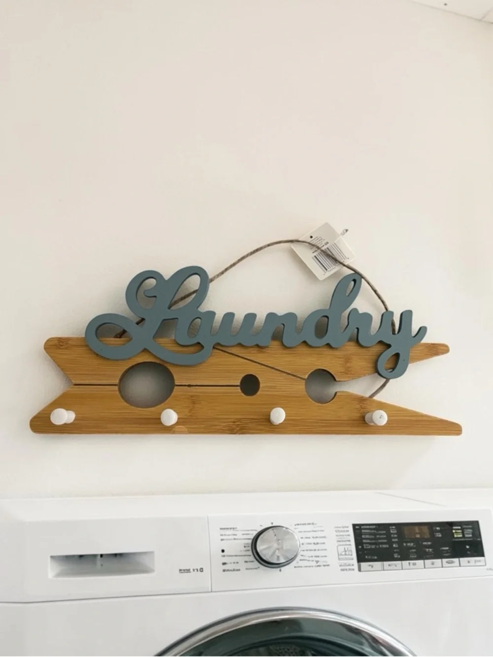 Laundry Wall Hook Sign on a clothes pin in Blue and Natural Wood - NWT